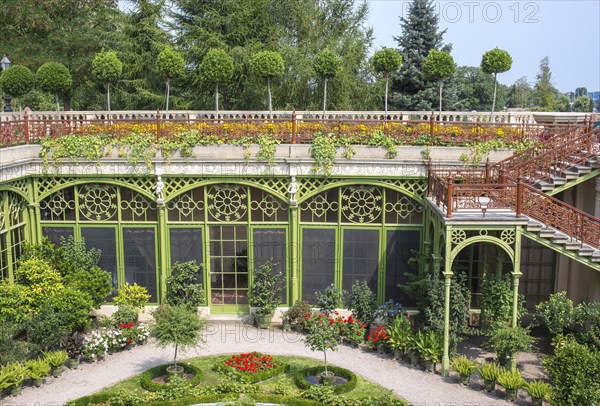 Historic Orangery, Great Orangery Hall, tiered gardens with wrought-iron decorations on windows, stairs and railings, Schwerin Palace, Schwerin, Mecklenburg-Western Pomerania, Germany, Europe