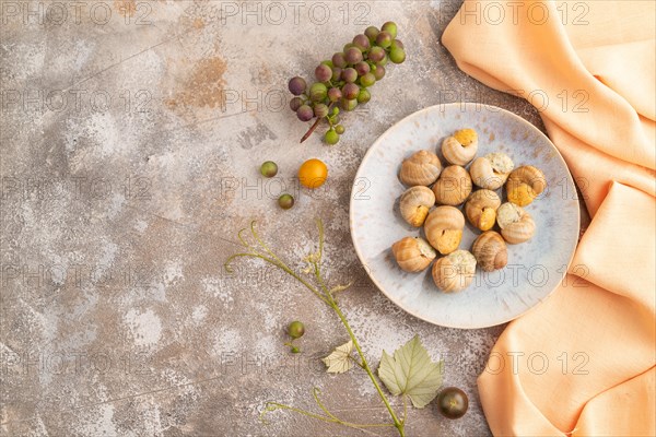 Grape (Burgundy) snails with butter and cheese on brown concrete background and orange textile. Top view, flat lay, copy space