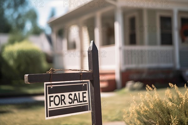 For Sale sign in front of blurry residential home building. KI generiert, AI generated