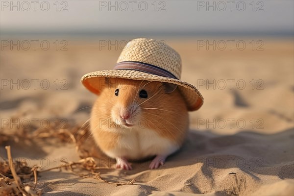 Hamster with summer straw hat at beach. KI generiert, generiert AI generated