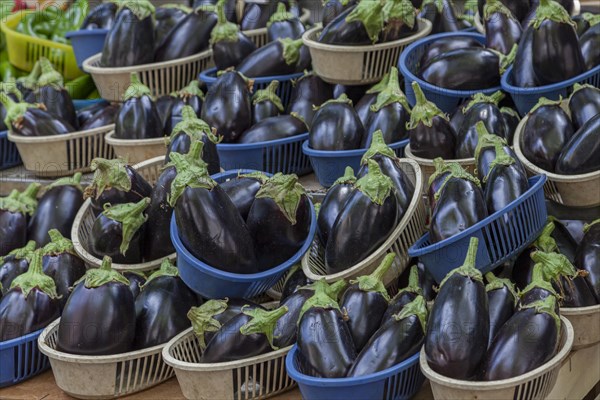 Aubergines, weekly market market, market sale, Catania, Sicily, Italy, Europe