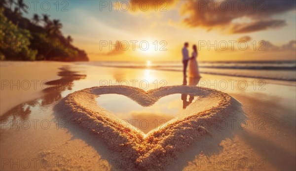 Heart shape in the sand on an exotic beach with silhouette of a couple on a date together at the sea shore spend the sunset. Love and romance concept, Valentines day scene. Generative AI art, AI generated