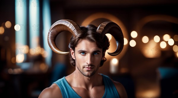 Young male Aries zodiac sign with Aries horns with dark hair and blue eyes against the background of the starry sky.AI generated