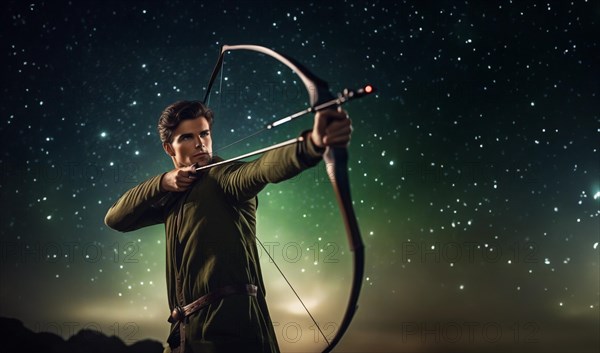 Young man Sagittarius according to the zodiac sign with a bow in his hands with dark hair and green eyes against the background of the starry sky.AI generated