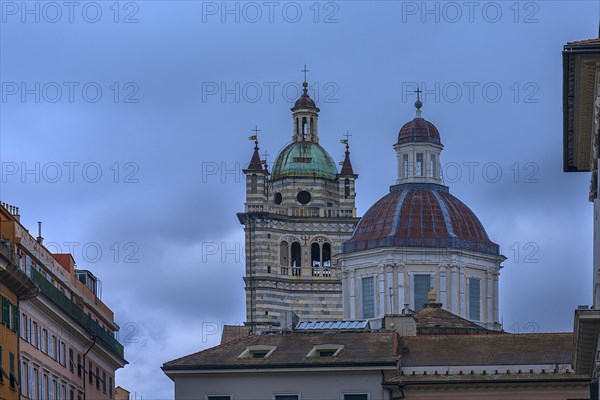 Towers of the baroque Chiesa del Gesu, Via di Porta Soprana, 2, Genoa, Italy, Europe