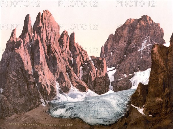 The mountains Fuenffingerspitze, Punta delle Cinque Dita, and Grohmann, South Tyrolean Dolomites, formerly Austro-Hungary, today Italy, c. 1890, Historic, digitally restored reproduction from a 19th century original The mountains Fuenffingerspitze and Grohmann, Tyrol, former Austro-Hungary, today Italy, 1890, Historic, digitally restored reproduction from a 19th century original