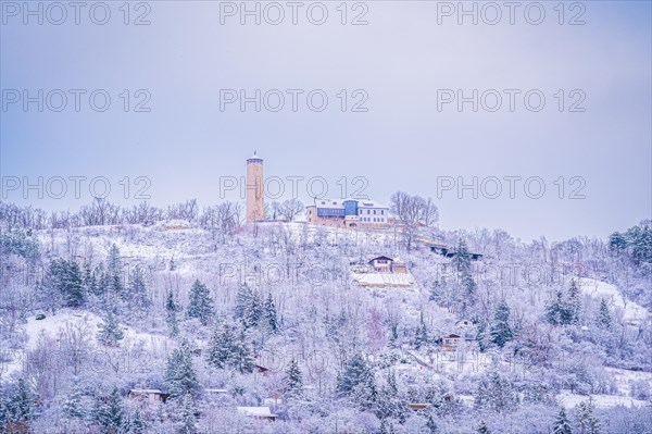 View of the Fuchsturm on the Kernberge in winter with snow, Jena, Thuringia, Germany, Europe