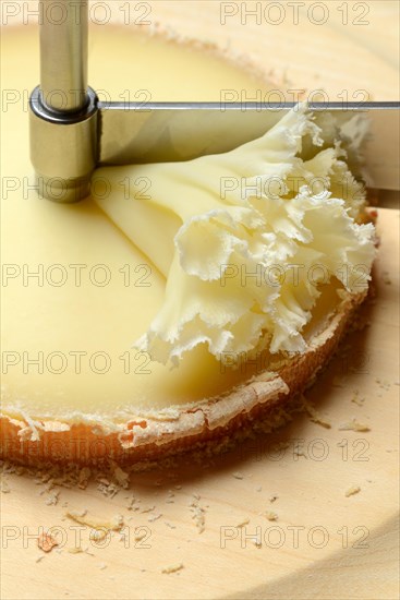 Cheese 'Tete de Moines' with turning knife Girolle, cheese rosettes, Moenchskopf, Switzerland, Europe