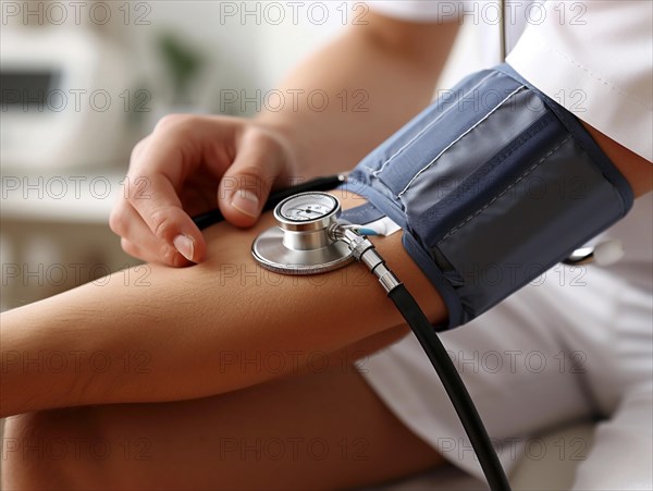 A man checks his blood pressure with a measuring device. Avoidance of bulk hypertension, scarcity, precaution, AI generated