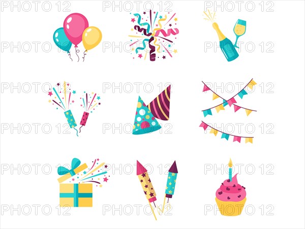 A collection of birthday celebration icons including balloons, cake, and gifts