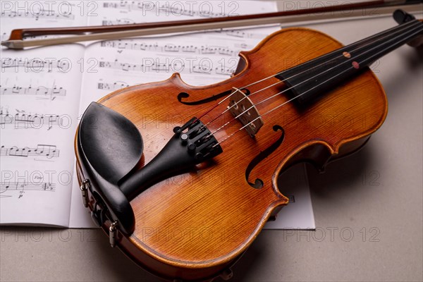 Half viola with bow and music book in front of a monochrome background, studio photograph, Germany, Europe