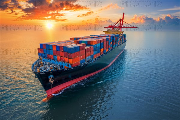 A large cargo ship loaded with containers sails in the sunset on the sea, colourful sky in the background, AI generated, AI generated