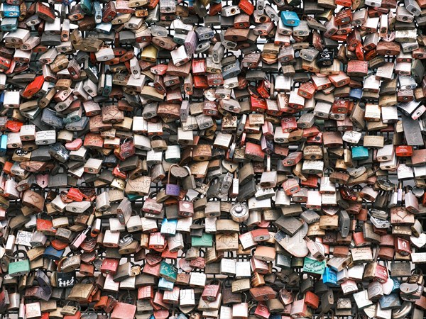 Love locks on a bridge over the Rhine, Cologne, Germany, Europe