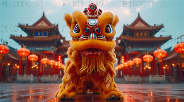 A lion dance costume in a pagoda courtyard surrounded by red lanterns to celebrate the chinese new year, AI generated