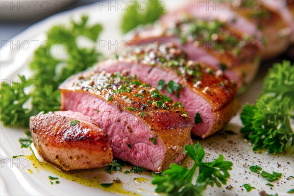 Perfectly cooked pink duck breast with pepper and parsley on a light-coloured plate, KI generated, AI generated