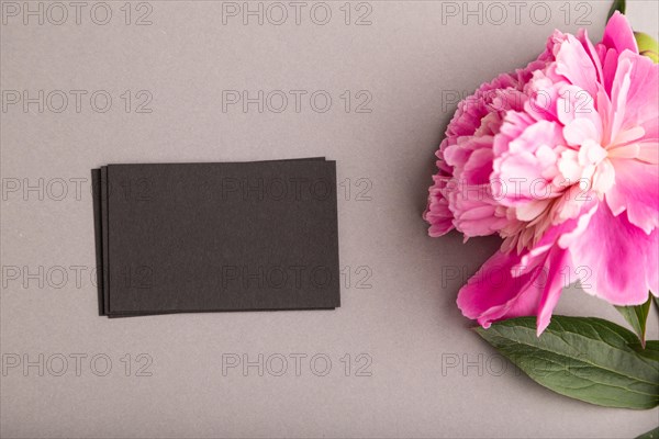 Black business card with pink peony flowers on gray pastel background. top view, flat lay, copy space, still life. Breakfast, morning, spring concept