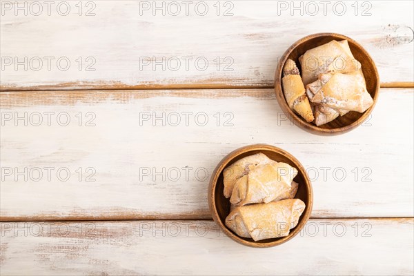 Homemade sweet cookie with apple jam on white wooden background. top view, flat lay, copy space