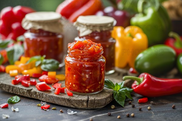 Homemade paprika jam in a jar on a rustic wooden board with fresh herbs, KI generated, AI generated