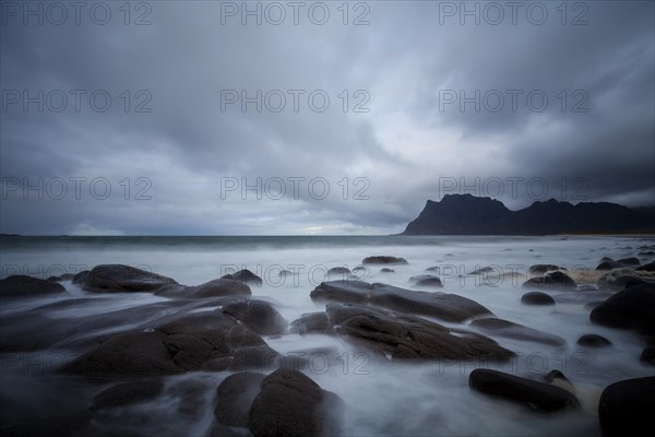 Uttakleiv beach Lofoten. Long exposure of the bay