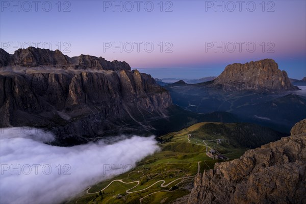 Blue hour with peaks of the Sella massif, Corvara, Dolomites, Italy, Europe