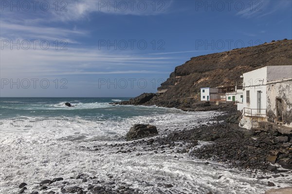 Puertito de los Molinos, beach, waves, several small white houses, west coast, Fuerteventura, Canary Islands, Spain, Europe