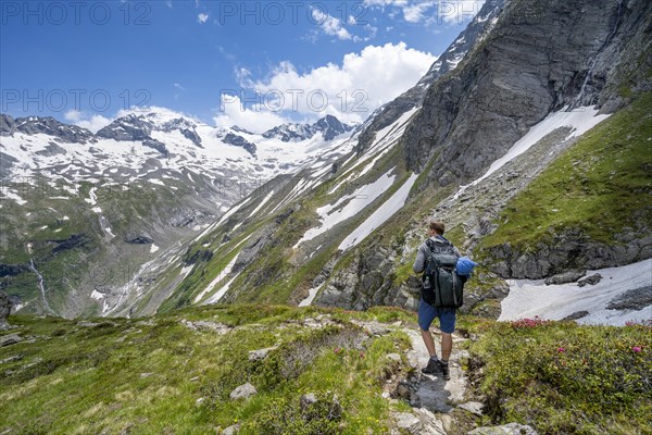 Mountaineer on hiking trail in picturesque mountain landscape, in the background mountain peak Grosser Loeffler with glacier Floitenkees, valley Floitengrund, Berliner Hoehenweg, Zillertal Alps, Tyrol, Austria, Europe