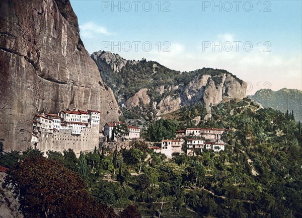 The convent Mega Spileon, the Monastery of the Dormition of the Theotokos, municipality of Kalavryta, in the Peloponnese peninsula, Greece, 1890, Historic, digitally restored reproduction from a 19th century original The convent Mega Spileon, the Monastery of the Dormition of the Theotokos, municipality of Kalavryta, in the Peloponnese peninsula, Greece, Historic, digitally restored reproduction from a 19th century original, Europe