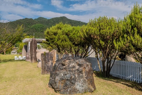 Granite boulder and large section of petrified tree trunk in at public rock garden in Gimcheon, South Korea, Asia