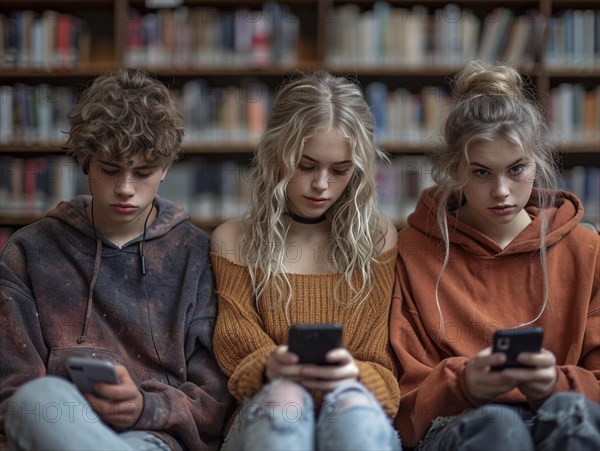 Several young people look bored at their cell phones, neglect social contacts, sport, reading, AI generated