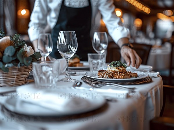 A dedicated waiter decorates the tables in a restaurant, AI generates, AI generated