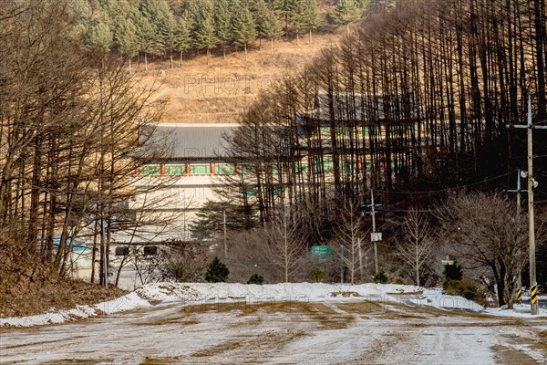 Winter landscape of road to Guinsa temple in background