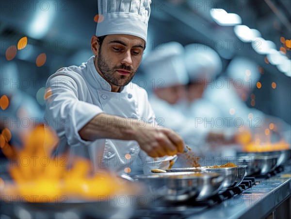 Chefs in a commercial kitchen at work, AI generated