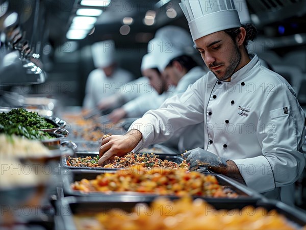 Chefs in a commercial kitchen at work, AI generated