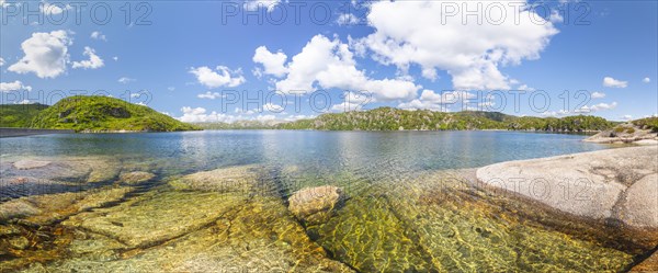 Lake Kvennevatnet, landscape format, inland water, shore, mountain, reservoir, landscape photo, nature photo, panoramic photo, clouds, summer, Aseral, Agder, Norway, Europe