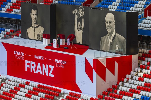 The President of FC Bayern Munich Herbert Hainer speaks to the mourners, Funeral service of FC Bayern Munich for Franz Beckenbauer, Allianz Arena, Froettmaning, Munich, Upper Bavaria, Bavaria
