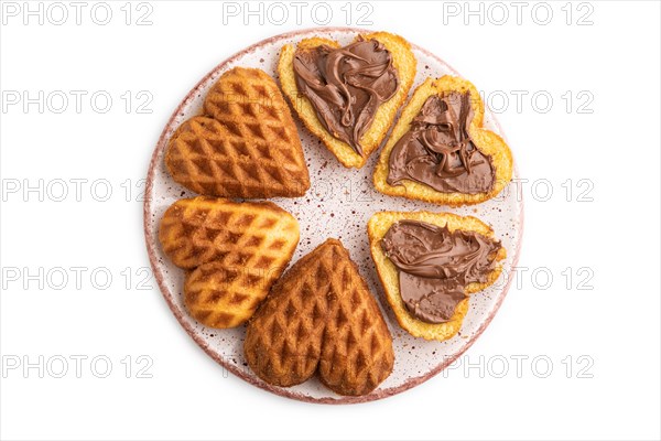 Homemade waffle with chocolate butter isolated on white background. top view, flat lay, close up
