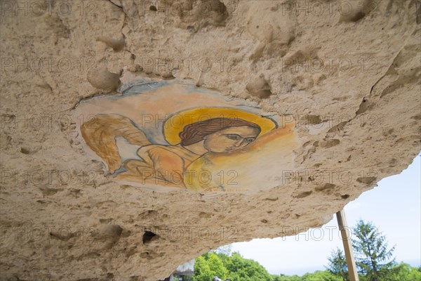 A ceiling fresco of an angel in a cave damaged by erosion, ceiling painting, Aladja Monastery, Aladja Monastery, Aladzha Monastery, medieval rock monastery, cave monastery in a limestone cliff, Varna, Black Sea coast, Bulgaria, Europe