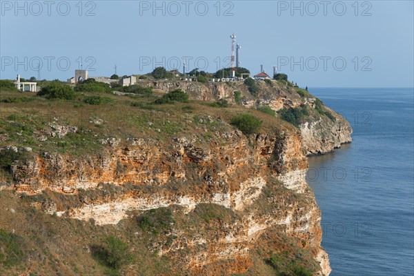 Lighthouse on the cliff edge with a view of the sea, Cape Kaliakra, Dobruja, Black Sea, Bulgaria, Europe