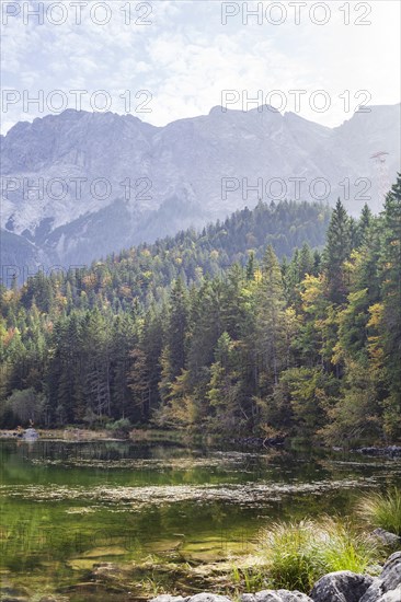 Zugspitze massif and Zugspitze with Eibsee lake, Wetterstein mountains, Grainau, Werdenfelser Land, Upper Bavaria, Bavaria, Germany, Europe