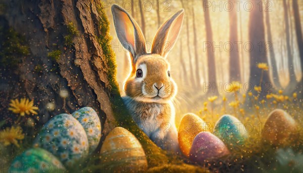 Cute rabbit character hiding behind a tree stem in the woods with Easter eggs among blooming flowers. Generative AI art, AI generated