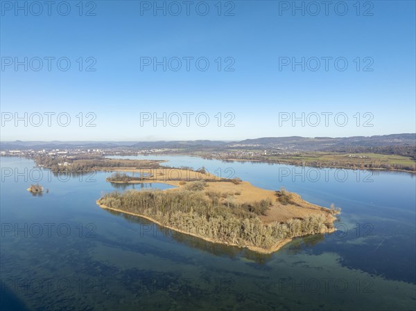 Aerial panorama of the Mettnau peninsula on a clear winter day, on the horizon the town of Radolfzell on Lake Constance, district of Constance, Baden-Wuerttemberg, Germany, Europe