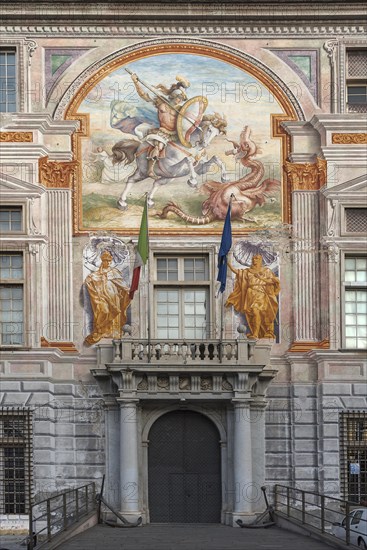 Entrance portal of the Gothic Palazzo San Giorgio with frescoes, built in 1260, Palazzo San Giorgio, 2, Genoa, Italy, Europe
