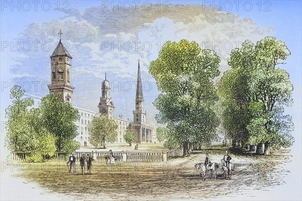 Yale College, New Haven Connecticut in the 1870s. From American Pictures Drawn With Pen And Pencil by Rev Samuel Manning c. 1880, United States, America, Historic, digitally restored reproduction from a 19th century original, Record date not stated, North America