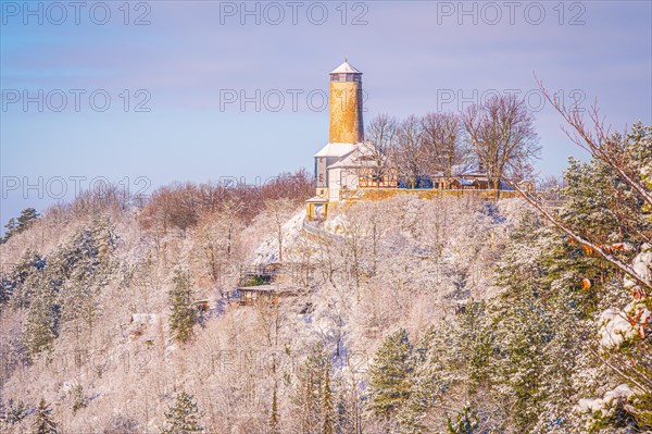 View of the Fuchsturm on the Kernberge in winter with snow, Jena, Thuringia, Germany, Europe