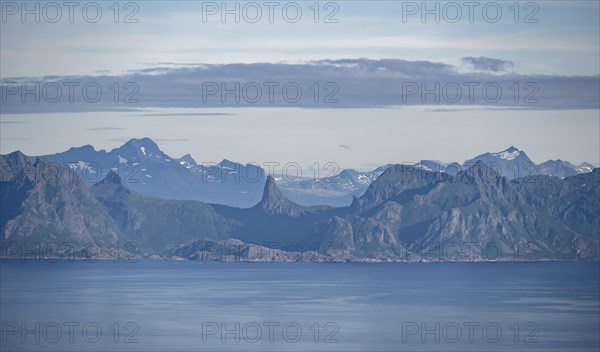 Sea Vestfjorden and mountain peaks on the coast, view from the top of Dronningsvarden or Stortinden, Vesteralen, Norway, Europe