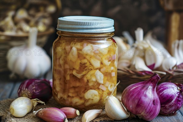 A rustic image of a jar of fermented shallots and garlic surrounded by fresh garlic cloves and purple onions, AI generated, AI generated