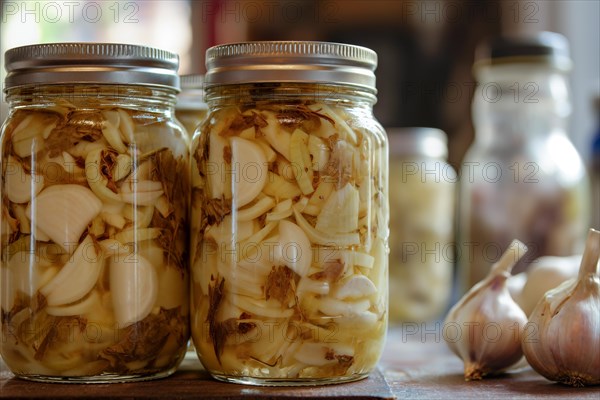 Two preserving jars full of fermented garlic and onions on a kitchen worktop, AI generated, AI generated