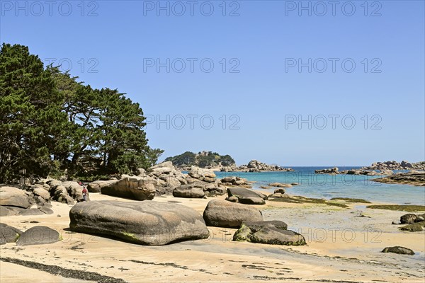 Bay of the pink granite coast with sandy beach and boulders, Tregastel, Cotes-d'Armor, Brittany, FranceCoast of the large granite boulders