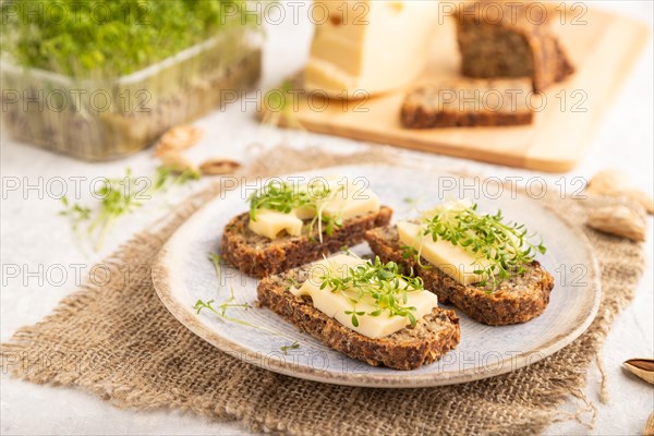 Grain bread sandwiches with cheese and watercress microgreen on gray concrete background and linen textile. side view, close up, selective focus