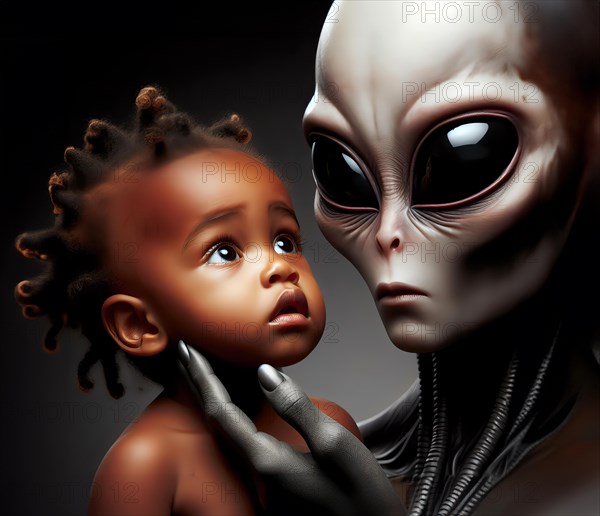 Science fiction, space travel, encounter of an extraterrestrial alien with a human child, AI generated, AI generated